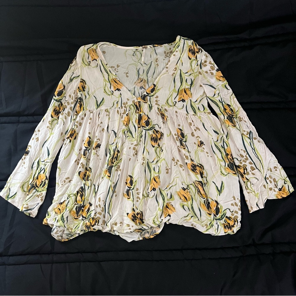 Free People Long Sleeve Flowy Blouse Yellow Tulips Sz XS